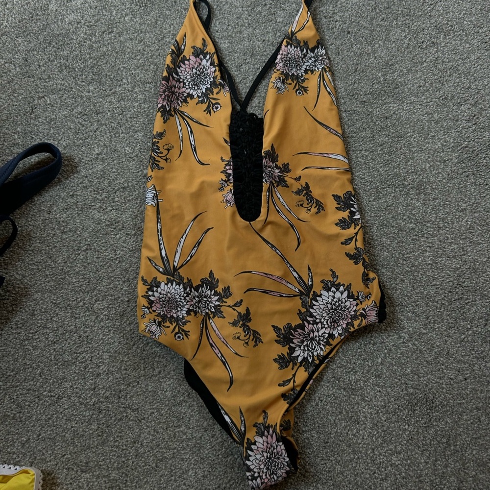 Floral One Piece Swimsuit - Mustard and Black